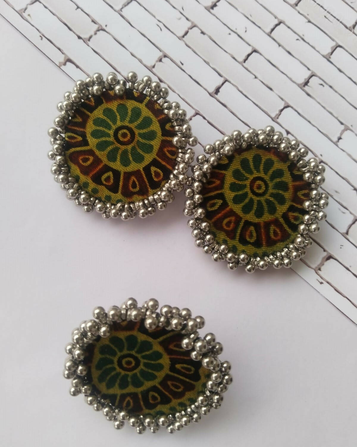 Green Ajrakh Print Earrings and Ring Set