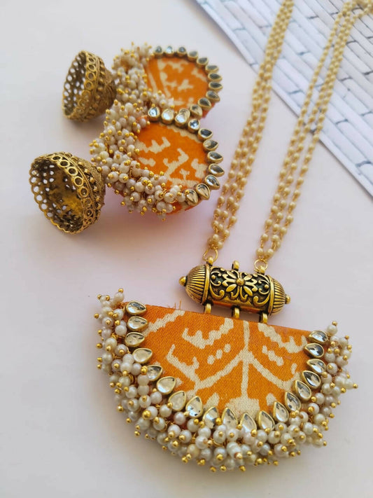 Yellow Orange Patola Print Ghantanmala Beaded Necklace and Earrings Set