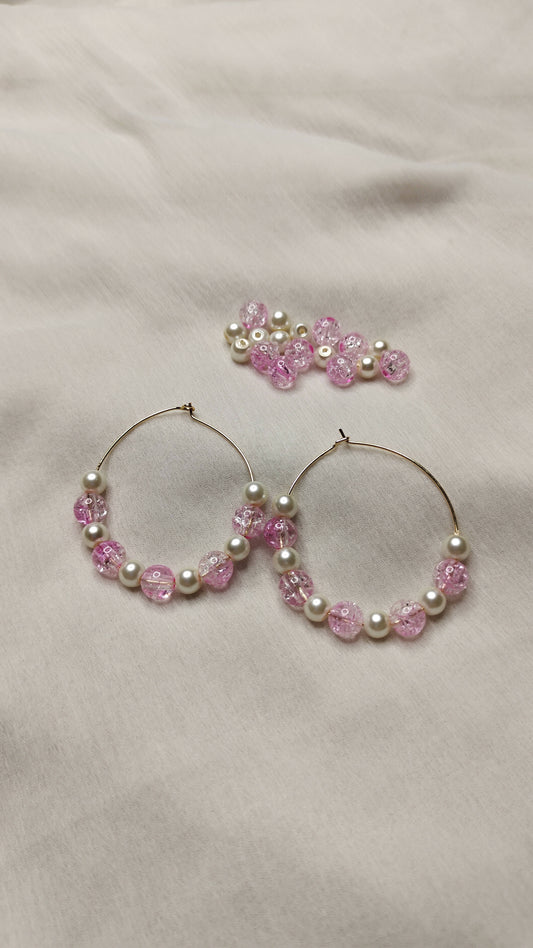 Pink Bead and Pearl Hoop Earrings