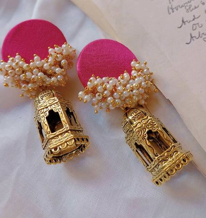 Pink Beaded Earrings with Golden Temple Bottom