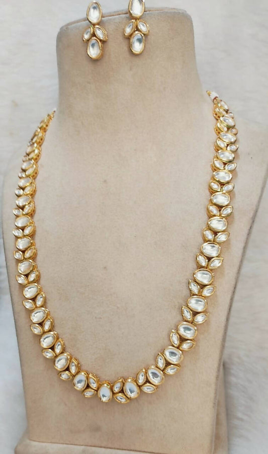 White Gold Kundan Long Necklace Set