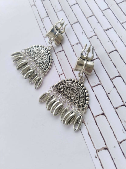 Trishul Damru Silver Oxidised Earrings