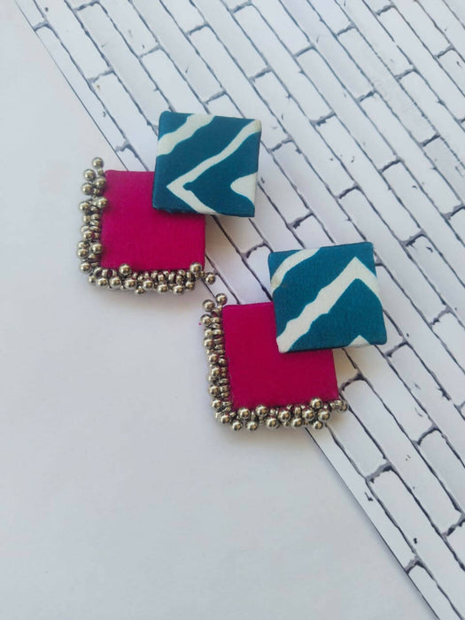 Blue and pink fabric painted earrings