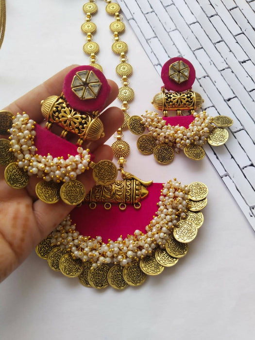 Pink coin necklace with earrings