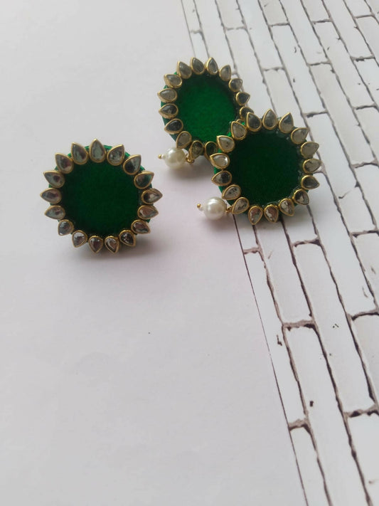 Green Kundan Fabric Earring and Ring Set
