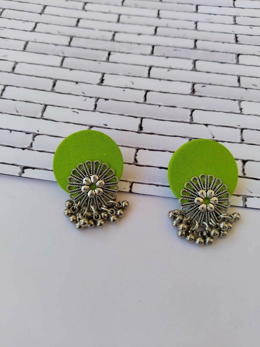 Lime Green Flower Silver Ghungroo Studs Earrings
