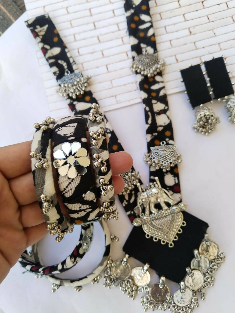 Black Printed Fabric Necklace Earrings and Bangles Set