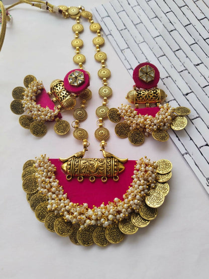 Pink and Golden Coin Traditional Necklace Earrings Set