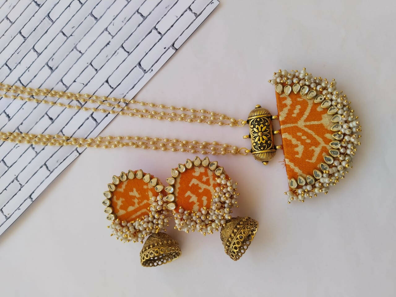 Yellow Orange Patola Print Ghantanmala Beaded Necklace and Earrings Set
