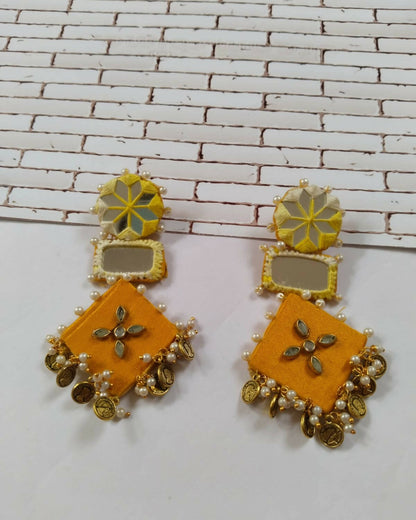 Yellow Mirror and Coins Fabric Earrings for Women