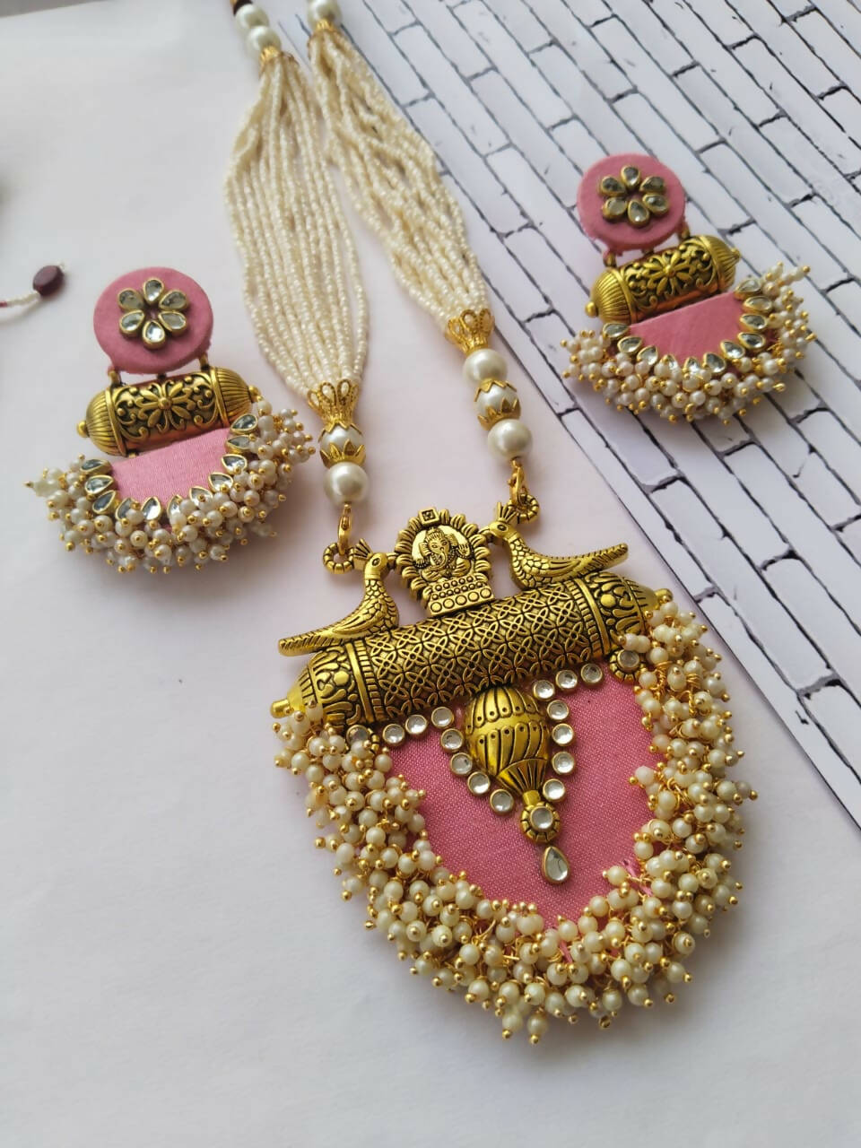 Gold Pink Floral Necklace Jewellery Set – Estele