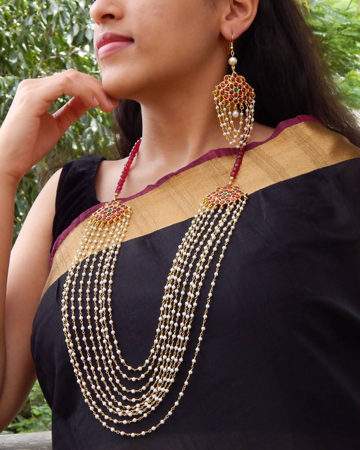 Designer Handmade Nine layer white pearl chain Maroon Kemp pendant with Maroon Agate beads Necklace Set by Nishna Designs