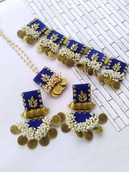 Blue Kundan Silver and Golden Beads Necklace Set
