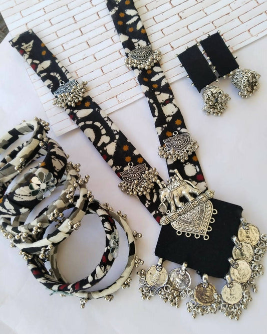 Black Printed Fabric Necklace Earrings and Bangles Set