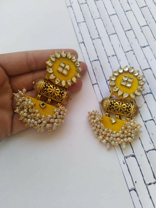 Yellow kundan and beads jhumka