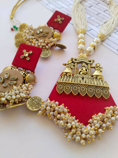 Red and Golden Fabric Kundan Necklace Earrings Set