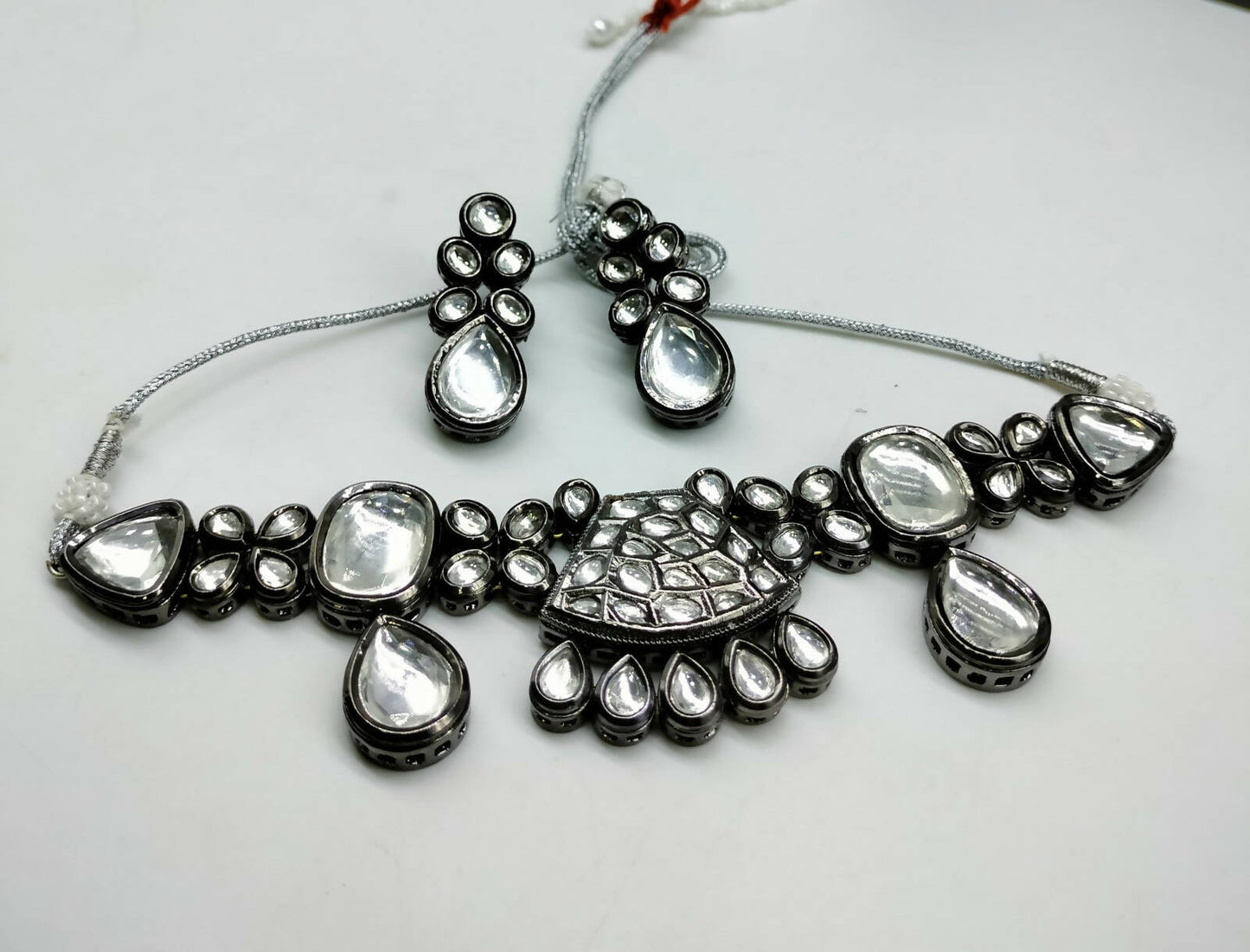 Imitation Brass Silver Plated Kundan Necklace Set