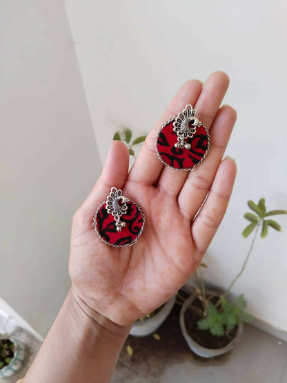 Red Printed Peacock Studs Earrings