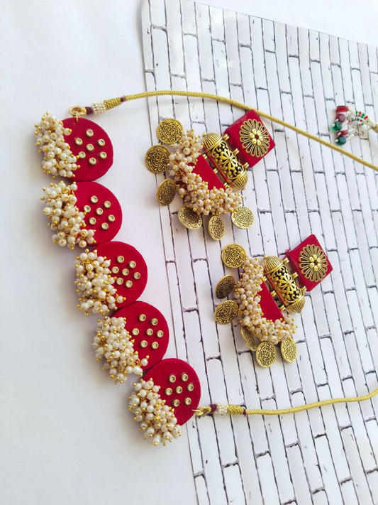 Red Golden Choker and Earrings Set