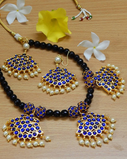 Blue Kemp Triple Pendant Kemp balls with Black Agate beads Necklace Set by Nishna Designs