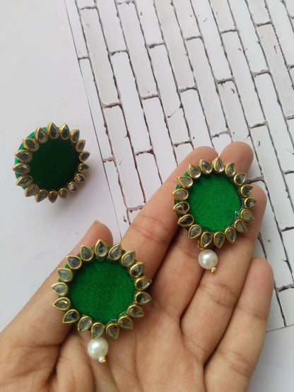 Green Kundan Fabric Earring and Ring Set