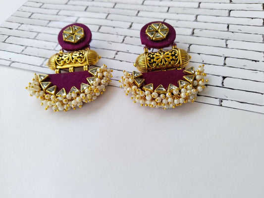 Maroon Wine Kundan Pearls Traditional Earrings
