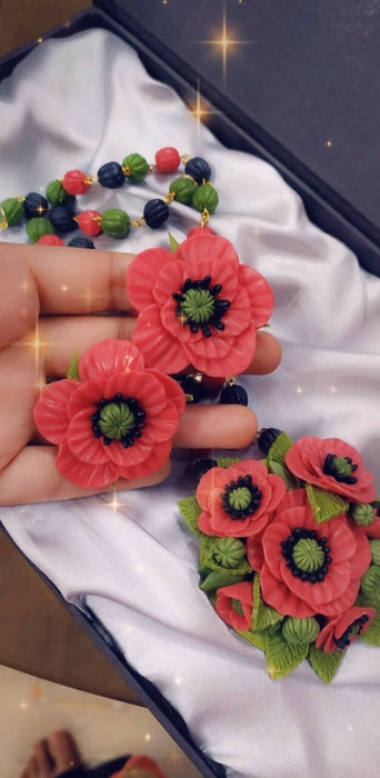 Air dry clay poppy flower long necklace with earring
