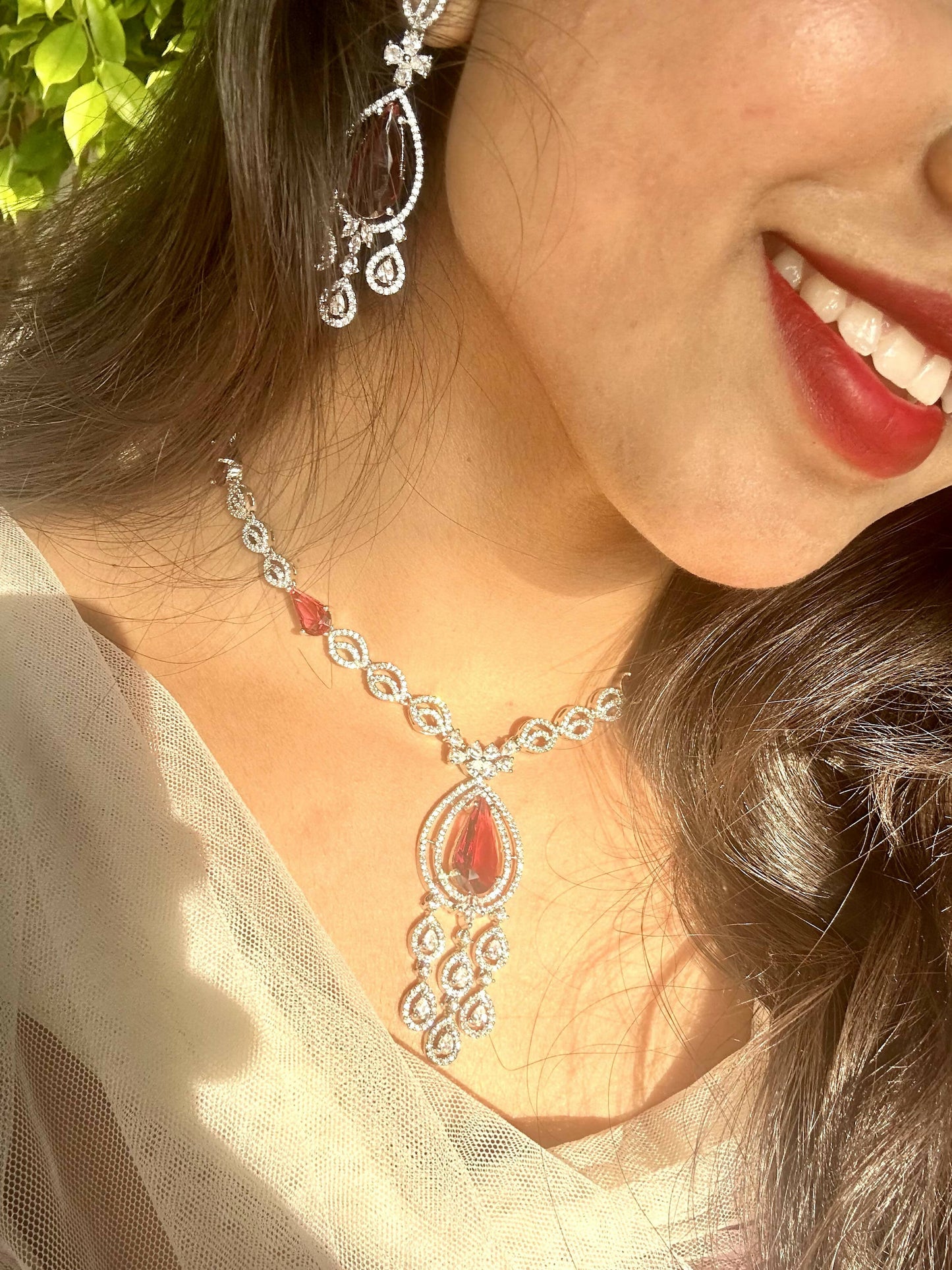 Red American Diamond Rhodium Plated Necklace Set