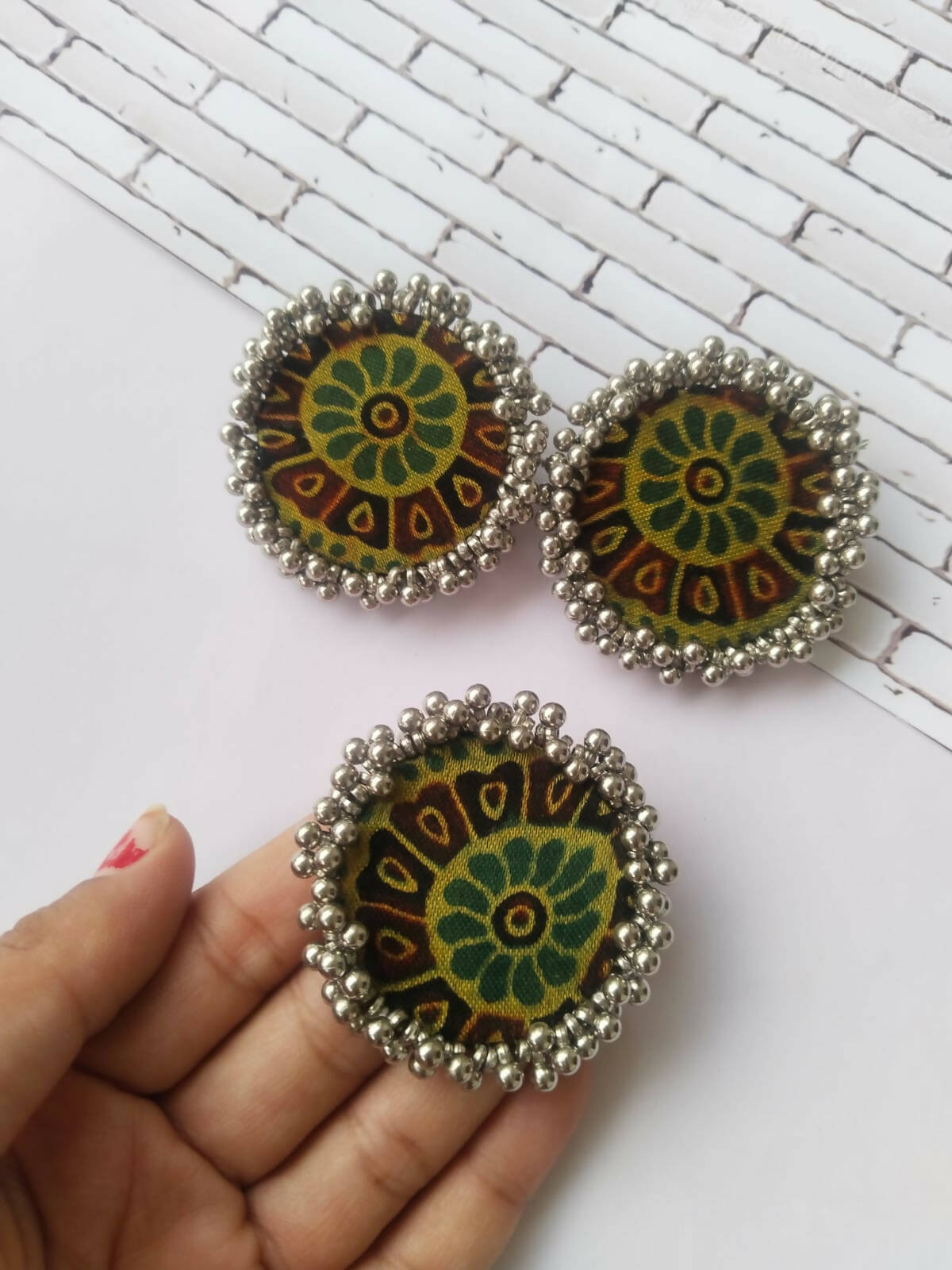 Green Ajrakh Print Earrings and Ring Set
