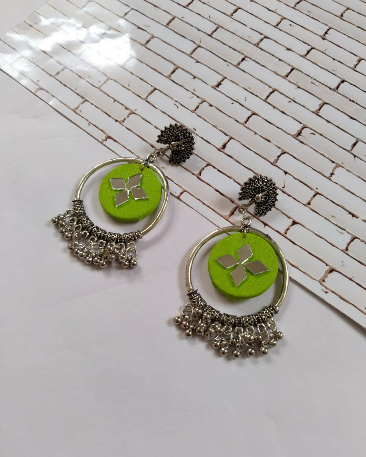 Pista green color oxidised earrings - Jaipur Mart - 4273829