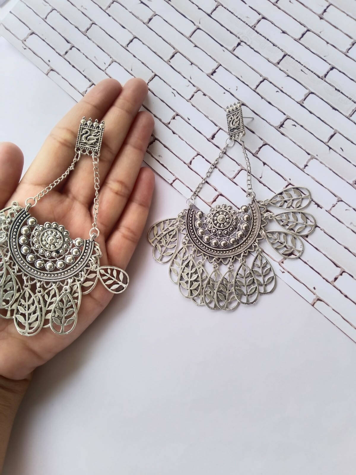 Beautiful Round Shape Drop Jhumka & Beads Silver Oxidised Earrings -  naariverse.com