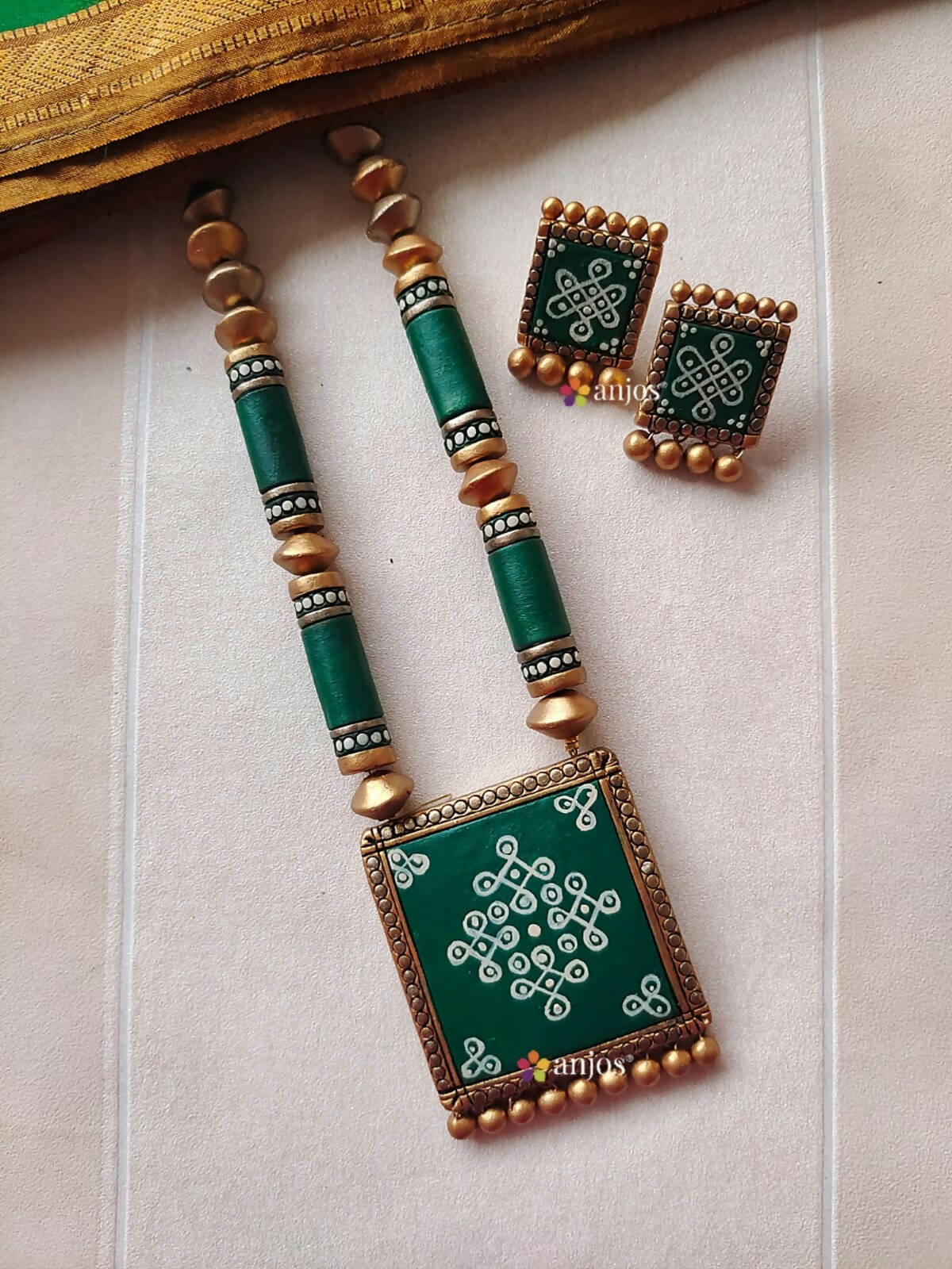 Green Kambi Kolam Terracotta Jewellery Set