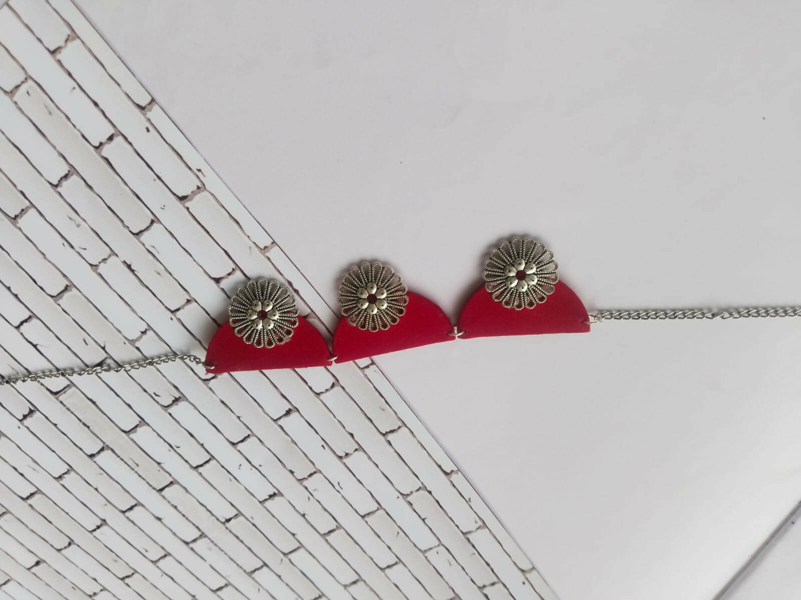 Red and Oxidised Silver Choker