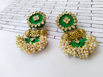 Green with Golden Beads and Pearls Traditional Earrings