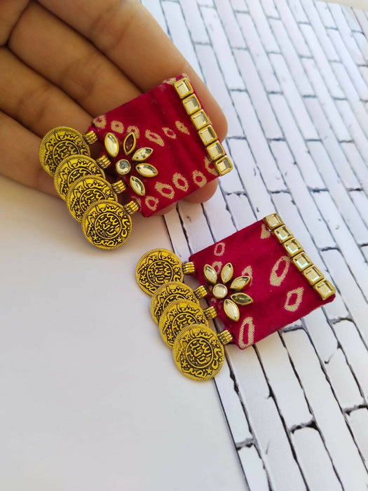 Red square coin earrings