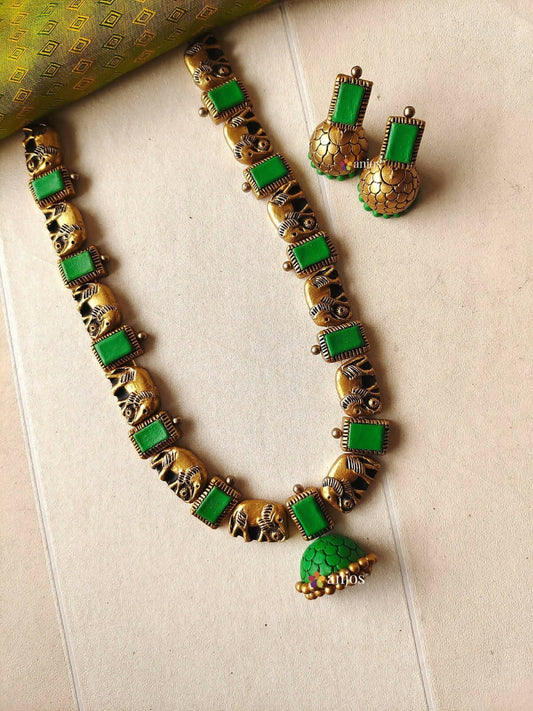 Antique Green Elephant Design Terracotta Jewellery Set